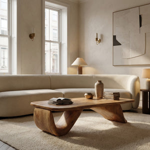 Organic Wood Coffee Table With Sculpted Curved Base For Living