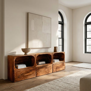 Minimal Wooden Sideboard With Rounded Edge Shelf For Living