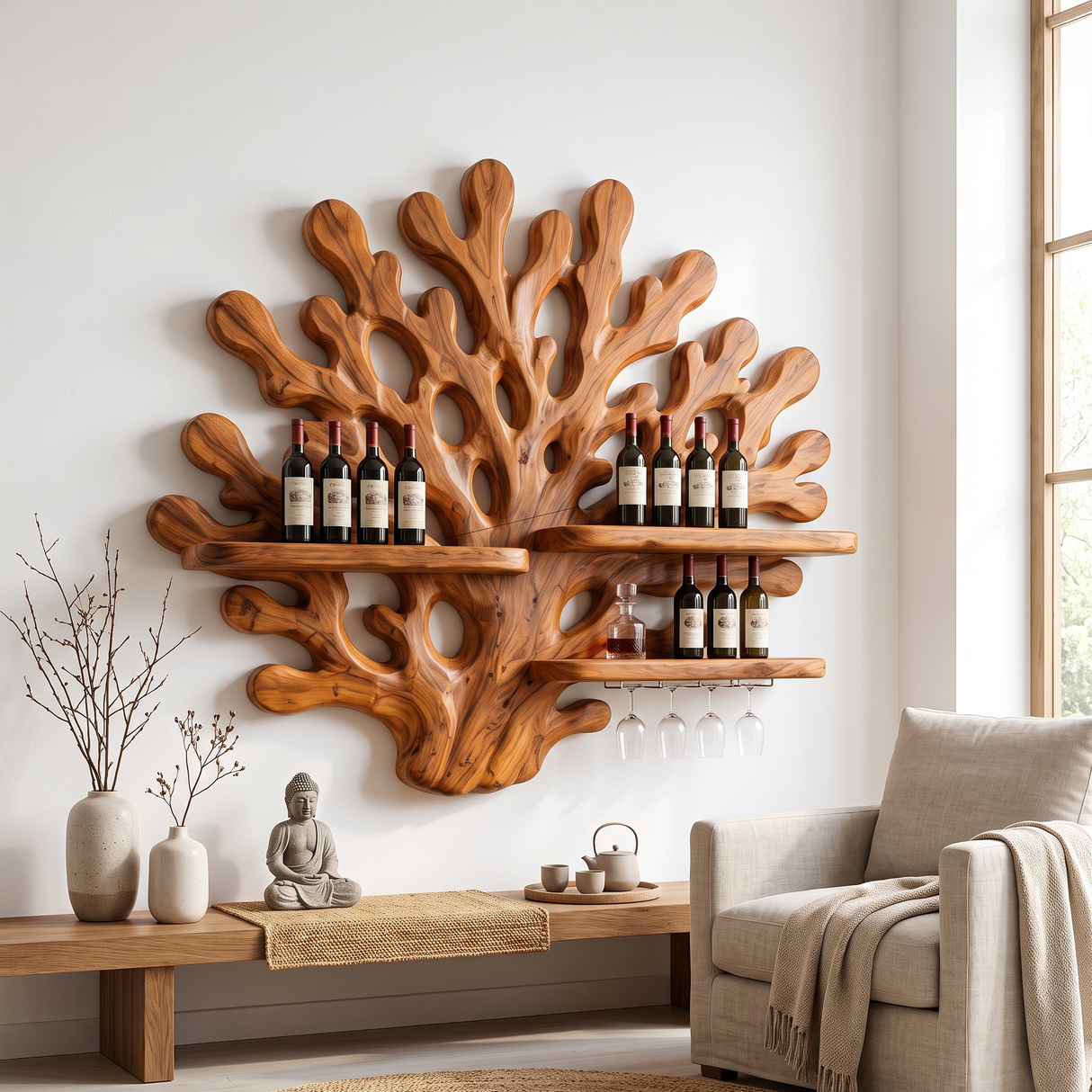 Handcrafted Wabi Sabi Wall Wine Rack For Dining Room