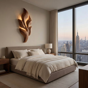 Sculptural Wooden Leaf Wall Lamp With Warm Light For Home