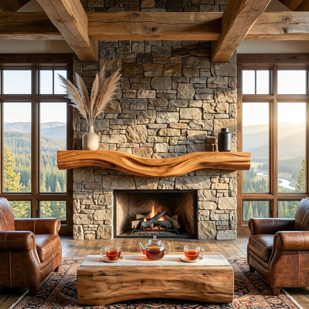 Rustic Fireplace Mantel With Live Edge Design For Cozy Home