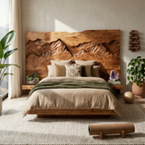 Rustic Mountain Relief Wood Headboard For Luxury Bedroom Interior