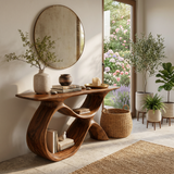 Modern Wooden Console Table With Curved Open Storage For Home