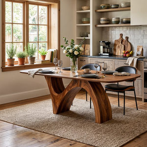 Farmhouse Wooden Dining Table With Organic Shape For Kitchen