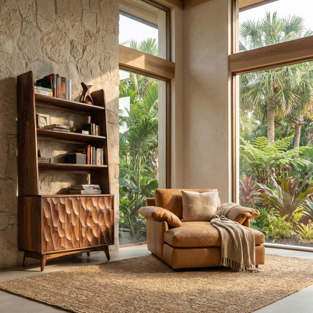 Sculpted Wood Bookcase With Drawers And Open Shelves