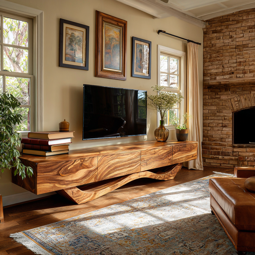 Mid Century TV Stand With Flowing Base For Living Room