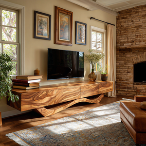 Mid Century TV Stand With Flowing Base For Living Room