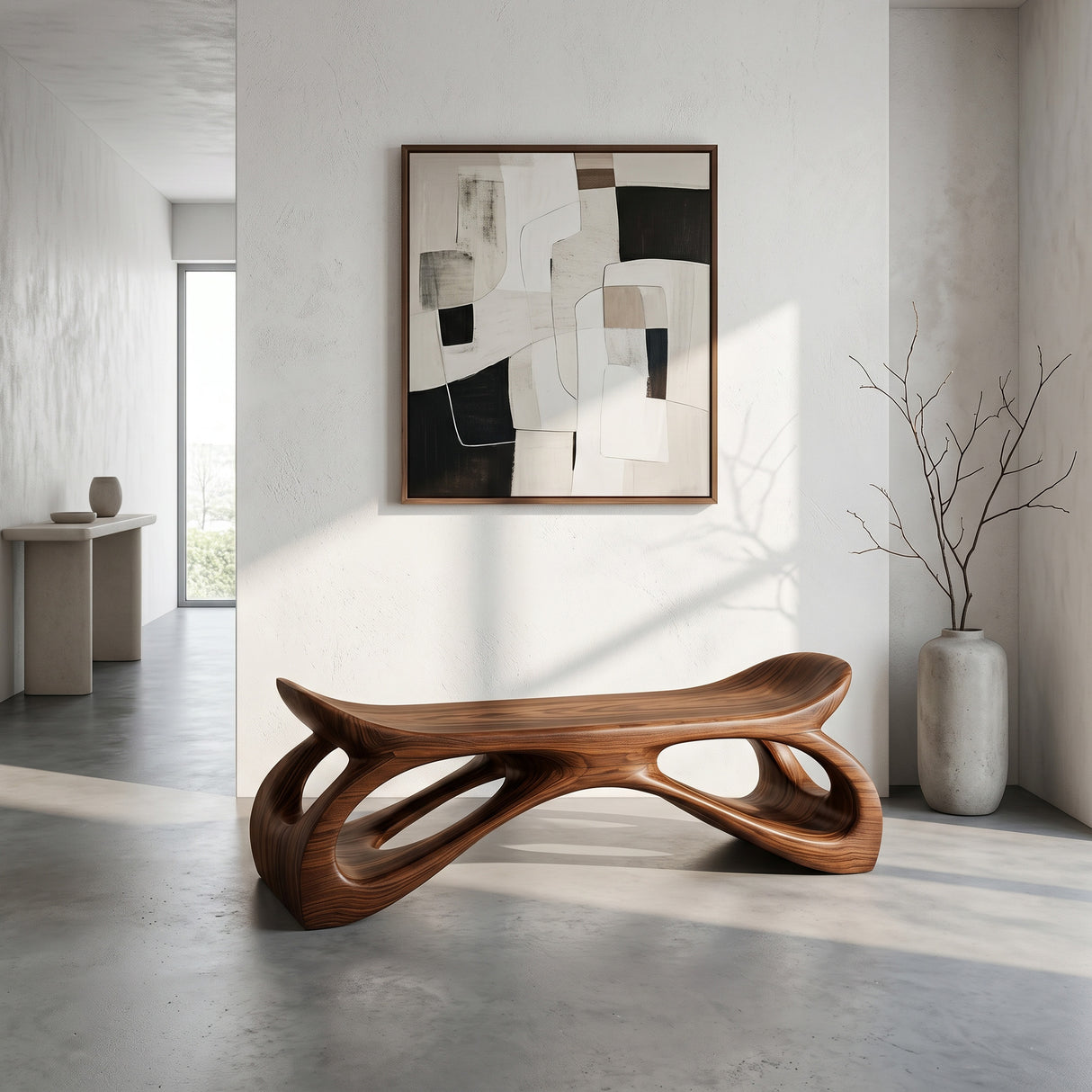Minimalist Wooden Bench Sculpture Hollow Design For Hallway