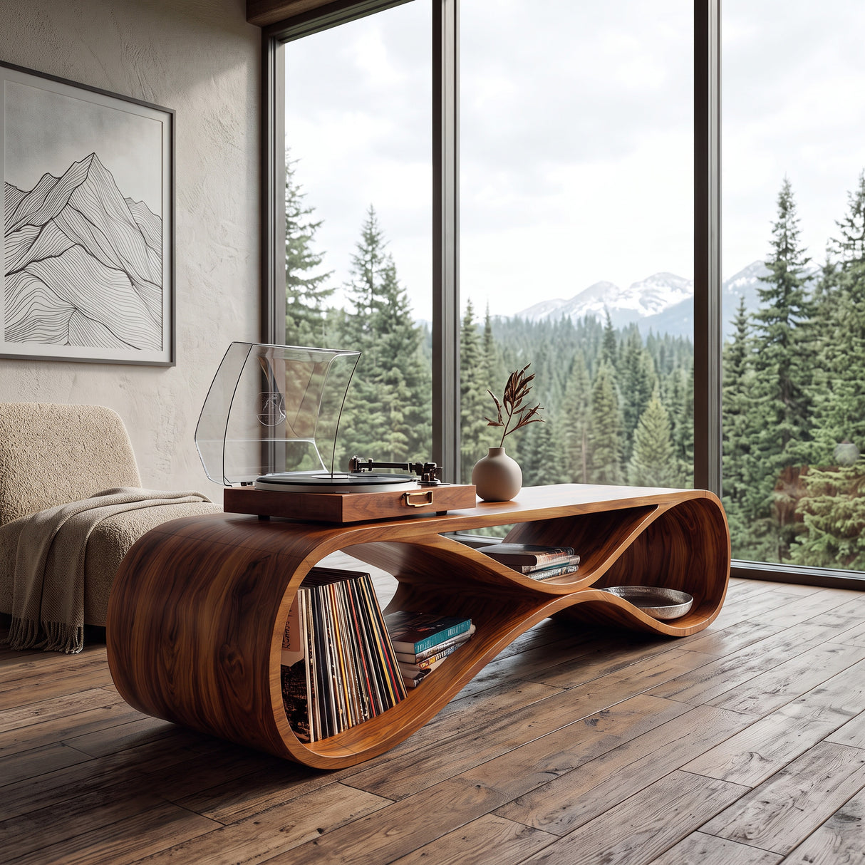 Contemporary Wooden Record Cabinet Curved Design For Living Room