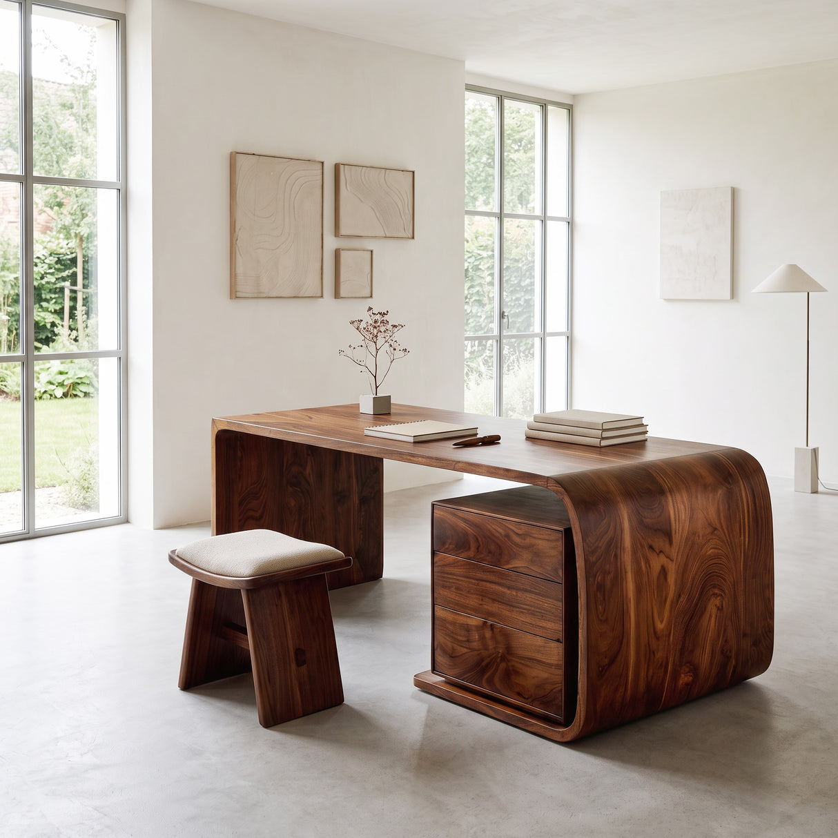 Mid Century Wooden Desk With Integrated Drawer For Home Study