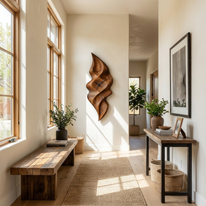 Contemporary Wood Wall Clock With Wave Sculpture For Minimalist Bedroom