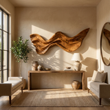 Mid Century Wooden Wall Art With Carved Wave For Living