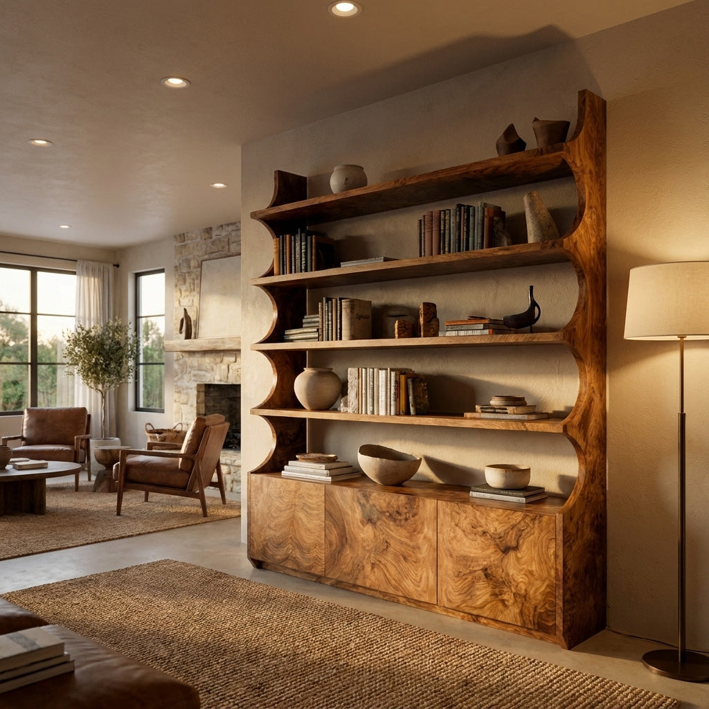 Organic Wooden Bookshelf With Curved Edges For Living Storage