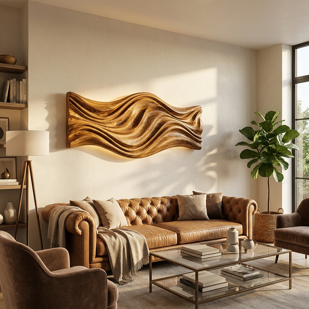 Artistic Wood Wall Art With Carved Wavy For Family Room