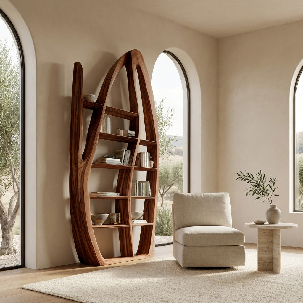 Organic Style Sculptural Wooden Bookshelf For Living Room