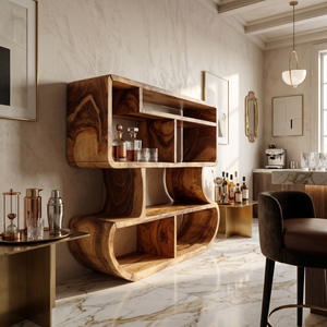 Modern Curved Wooden Bookcase With Integrated Open Storage