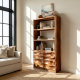 Minimal Wooden Bookshelf With Wavy Drawer Front For Home