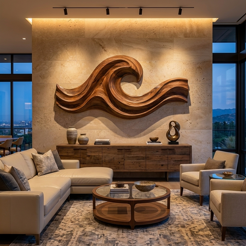 Wave Inspired Wood Wall Art For Luxury Living Room Space