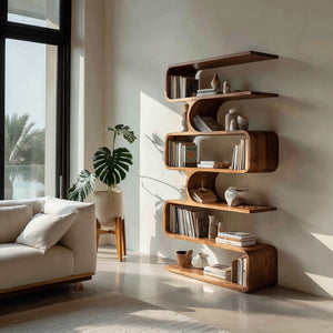Handcrafted Wooden Bookshelf With Sculpture Edges For Living Room