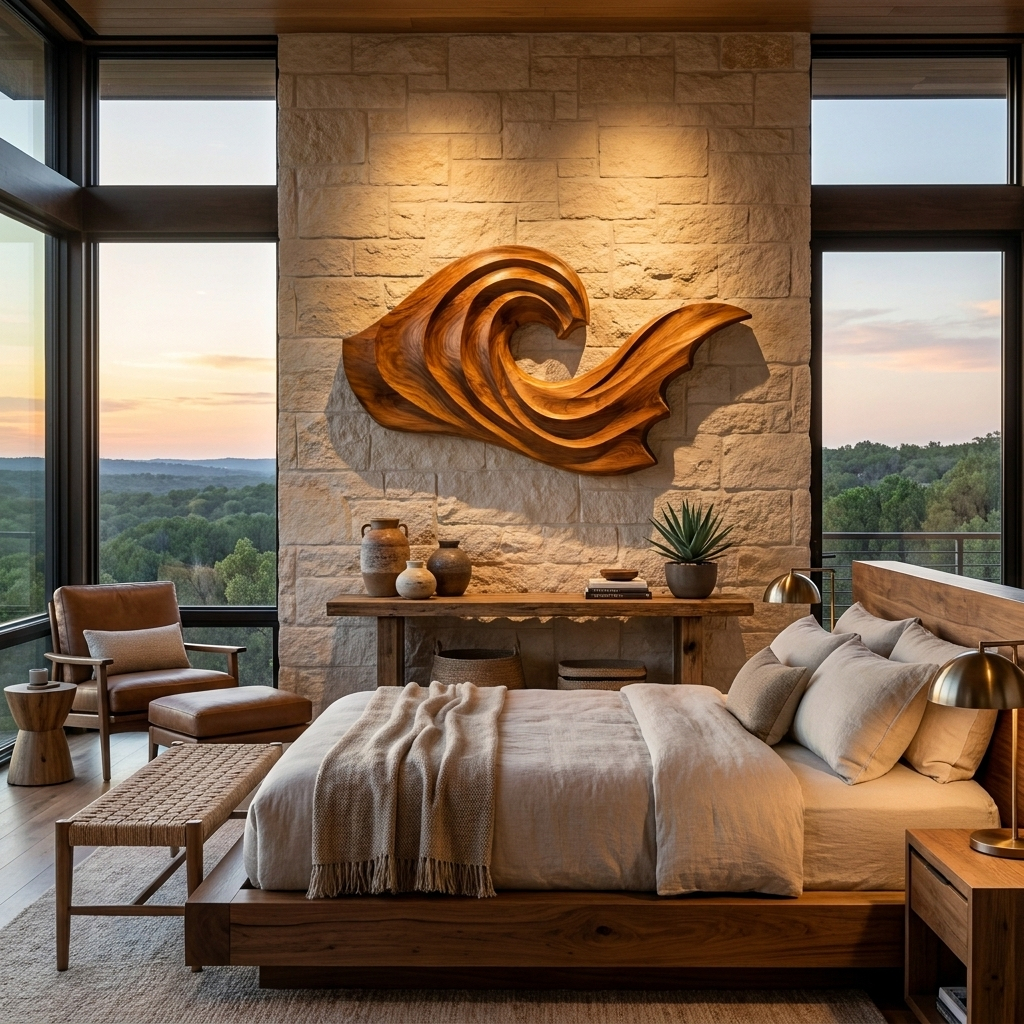 Artistic Wave Inspired Wood Wall Art For Apartment Interior