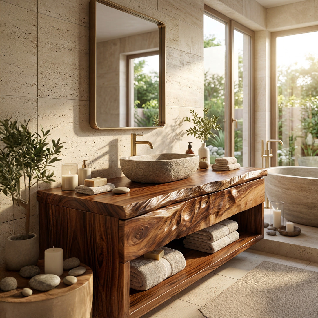Modern Organic Floating Wooden Bathroom Vanity For Bathroom