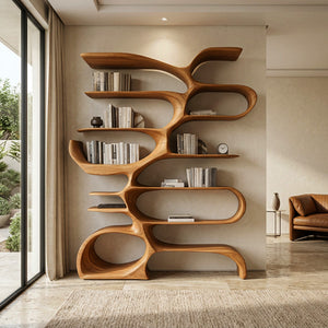 Sculptural Wooden Bookcase For Modern Living Room Storage