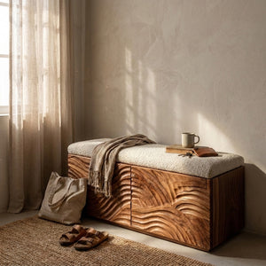 Mid Century Natural Wood Storage Bench For Bedroom Storage