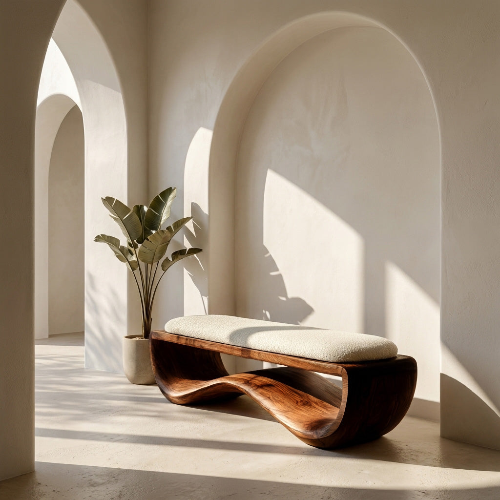 Minimalist Wood Bench With Flowing Base For Living Room Seating