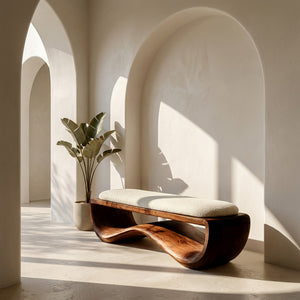 Minimalist Wood Bench With Flowing Base For Living Room Seating