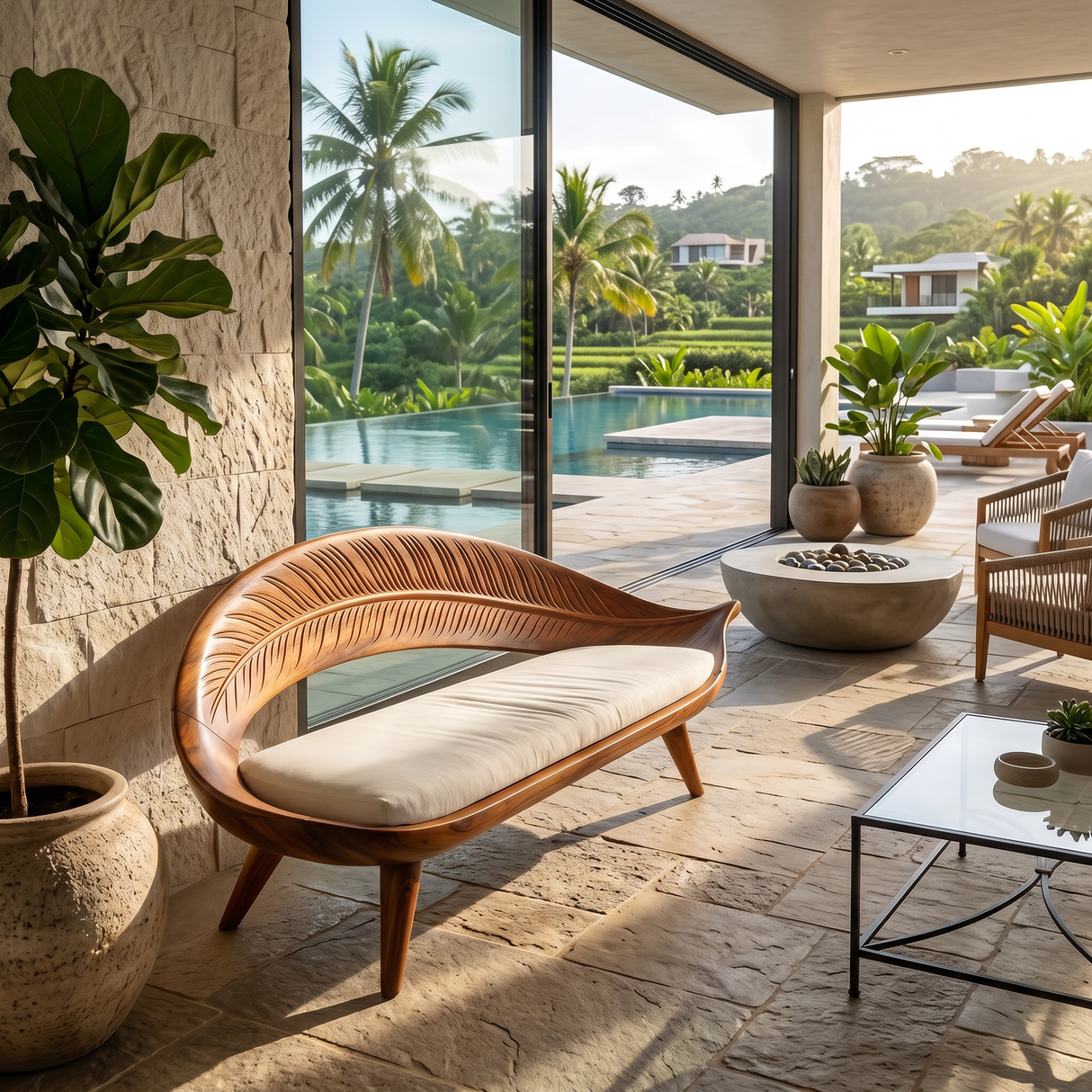 Modern Woven Leaf Shape Bench For Garden Interior Space