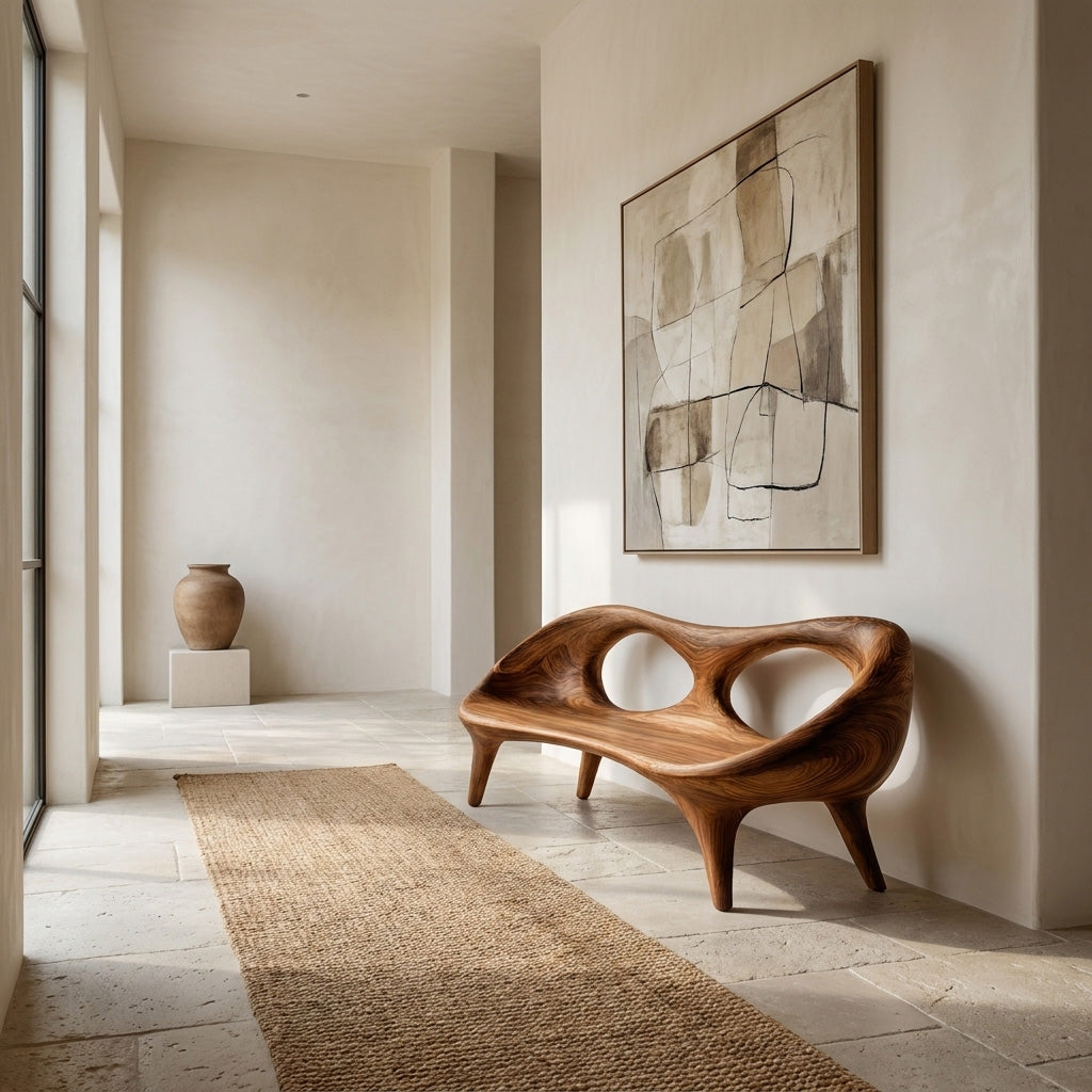 Contemporary Wood Bench With Hollowed-out Backrest For Living Room