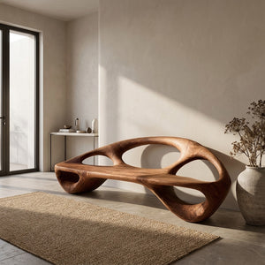 Minimalist Wood Bench With Sculptural Backrest For Living Room