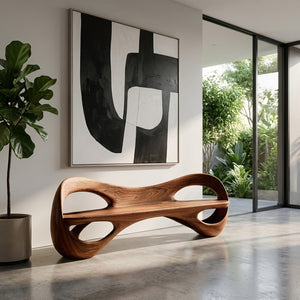Modern Sculptural Natural Wood Curved Bench For Living Room