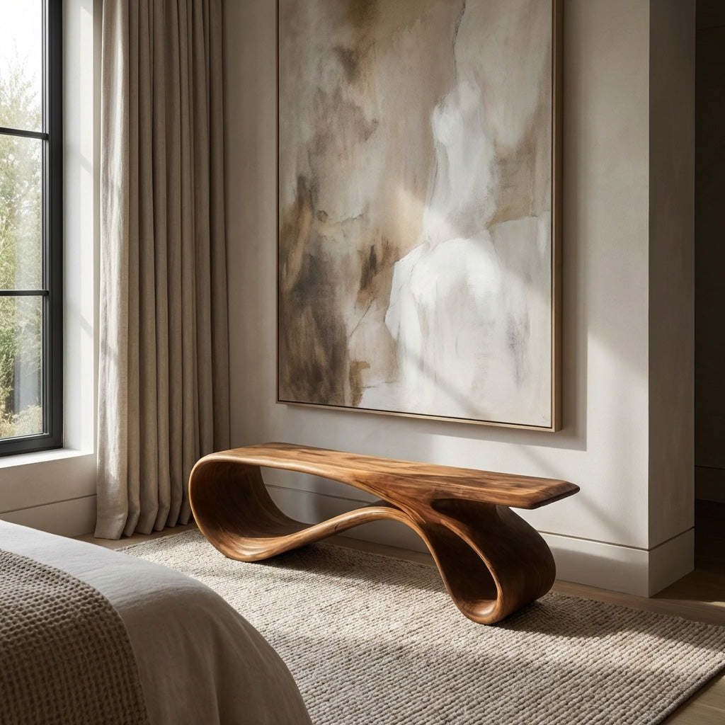 Curved Natural Wood Bench For Contemporary Living Room Decor
