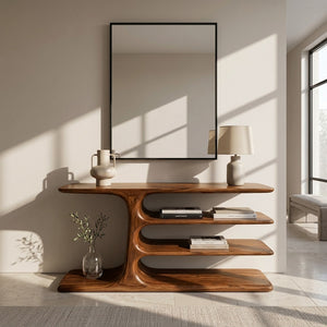 Organic Wooden Console Table With Layered Shelving For Hallway