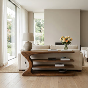 Artistic Natural Wood Console Table For Minimal Entry Interior