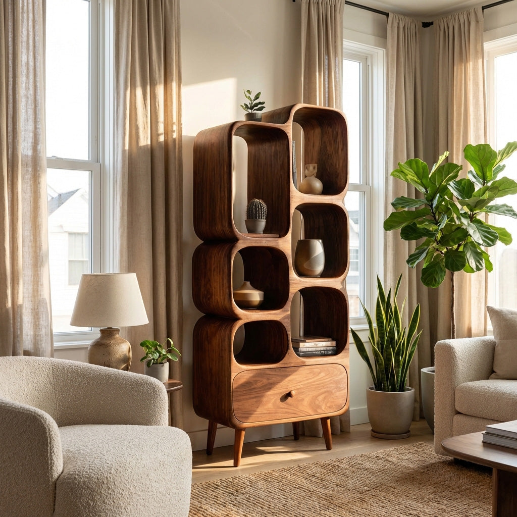Modern Wood Bookshelf With Open Compartments For Living Decor