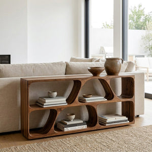 Organic Wood Console Table With Multiple Storage Compartments For Living
