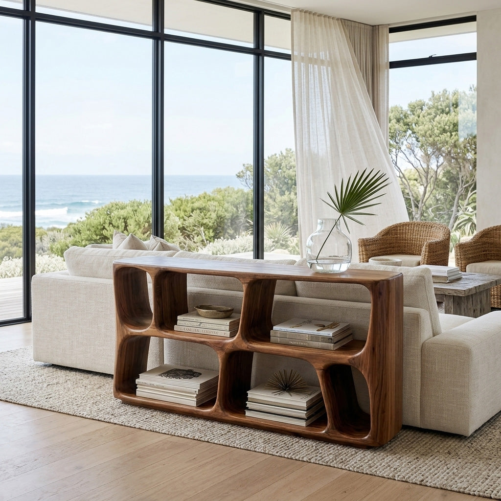 Minimalist Sculptural Wood Console Table For Living Room