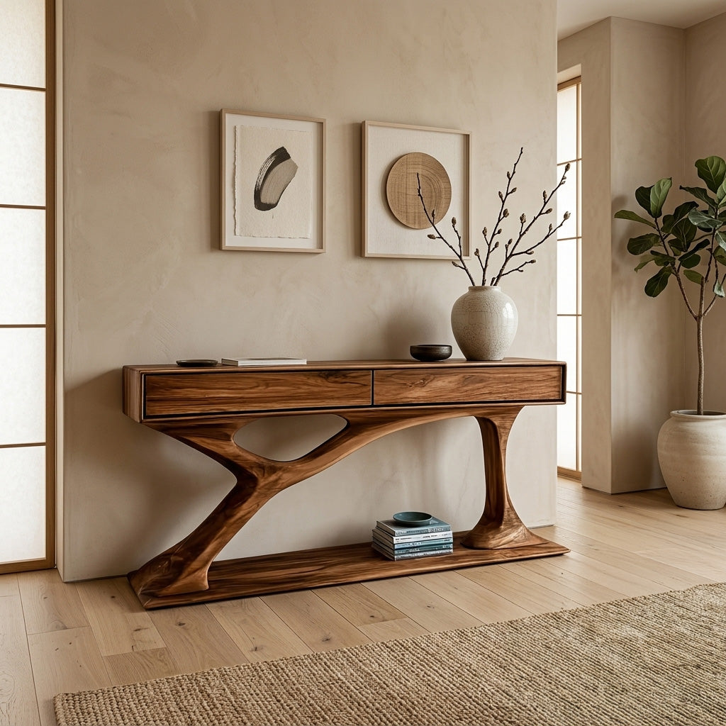 Contemporary Wooden Console Table With Sculptural Base For Living Room