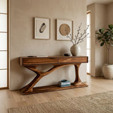 Contemporary Wooden Console Table With Sculptural Base For Living Room