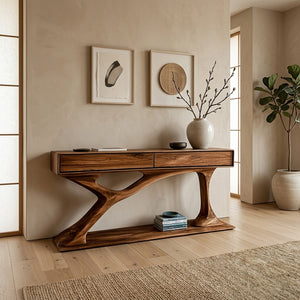Contemporary Wooden Console Table With Sculptural Base For Living Room