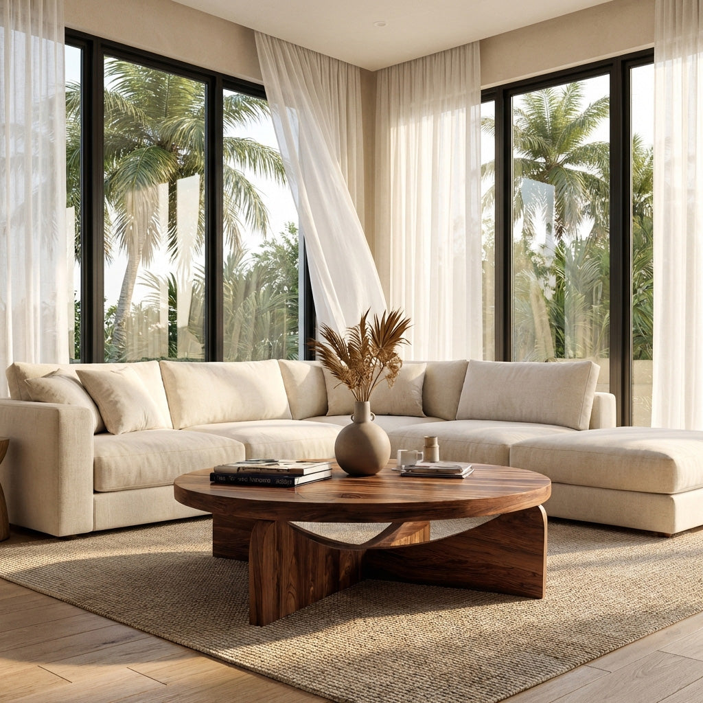 Modern Round Wood Coffee Table With Unique Base For Living