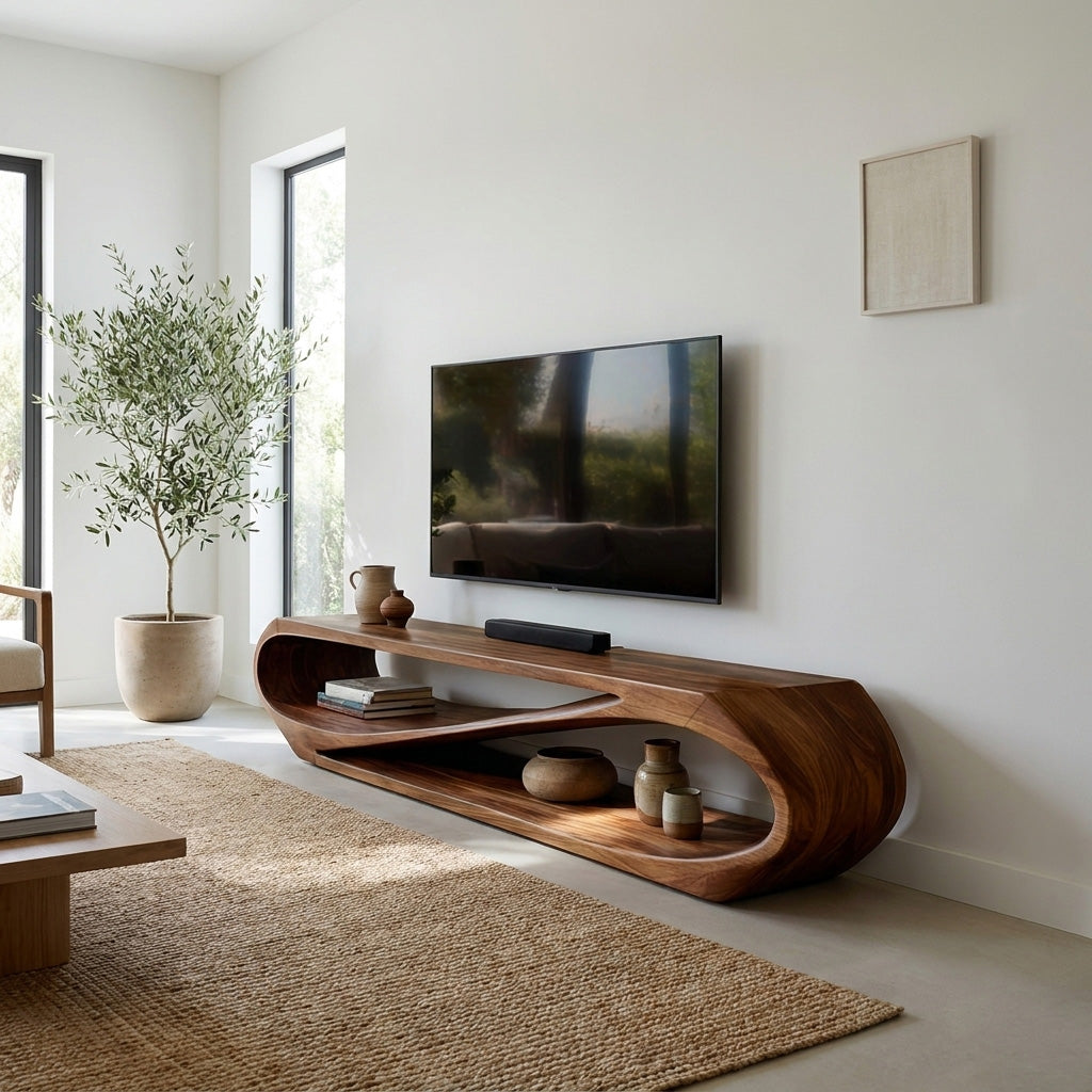 Sculptural Natural Wood TV Console For Modern Living Room