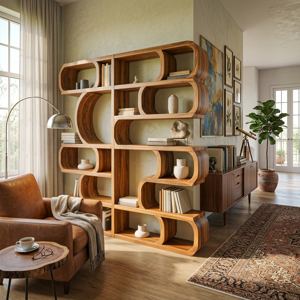 Modern Sculptural Bookshelf With Symmetrical Curves For Living Room Or Office
