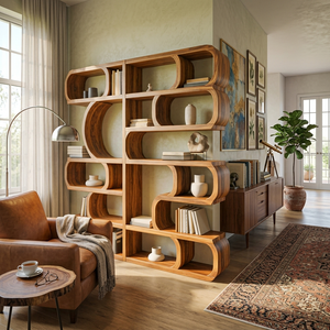 Modern Sculptural Bookshelf With Symmetrical Curves For Living Room Or Office
