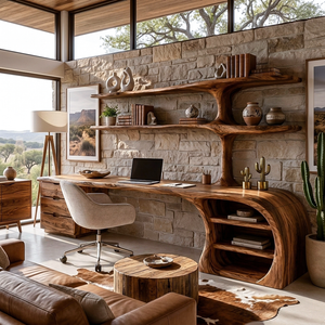 Organic Wood Desk With Sculptural Open Shelves For Home Workspace