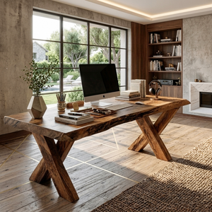 Rustic Live Edge Desk With X Legs For Home Office