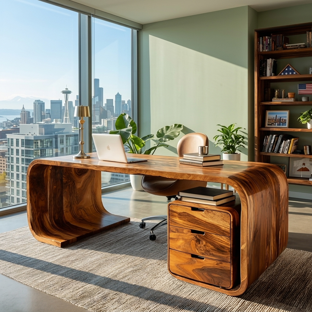 Modern Wooden Desk With Curved Base For Home Office