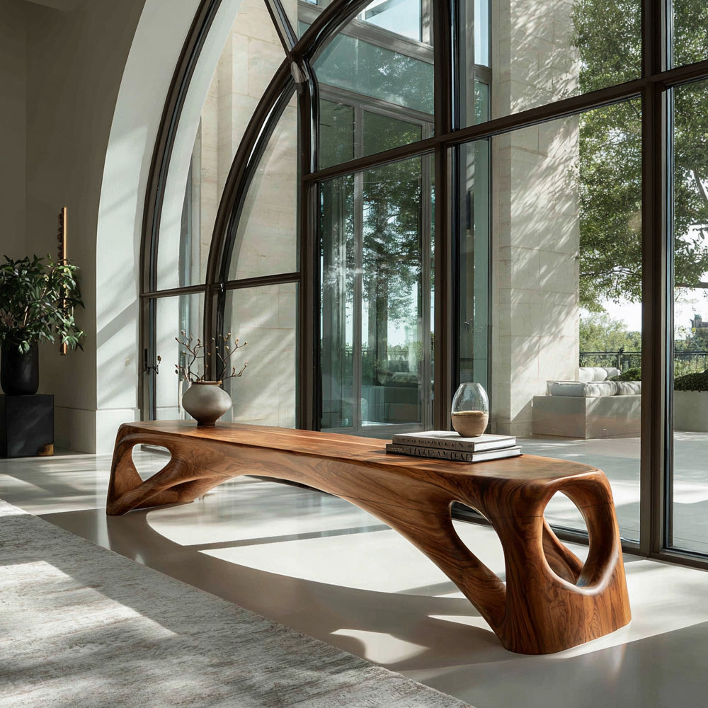 Organic Wooden Bench Hollow Design For Living Room